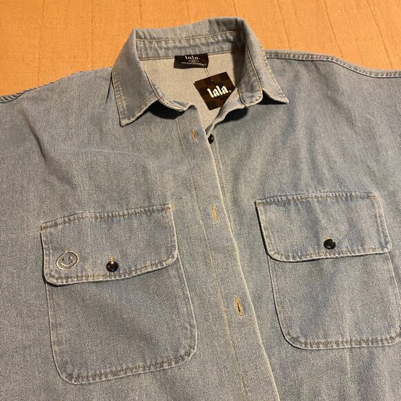 Dressed in Lala - Let Them Talk Oversized Denim Button Up in Vintage Blue - Picture 4 of 4